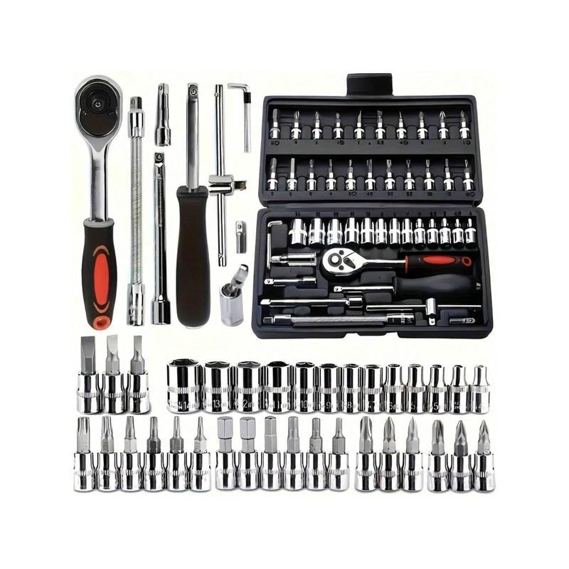 46Pcs Automotive Repair Tool Kit, 1/4" Drive Socket Ratchet Wrench Set, Combination Tools Set for Car & Bicycle Maintenance (Automobile Inspection Tools)