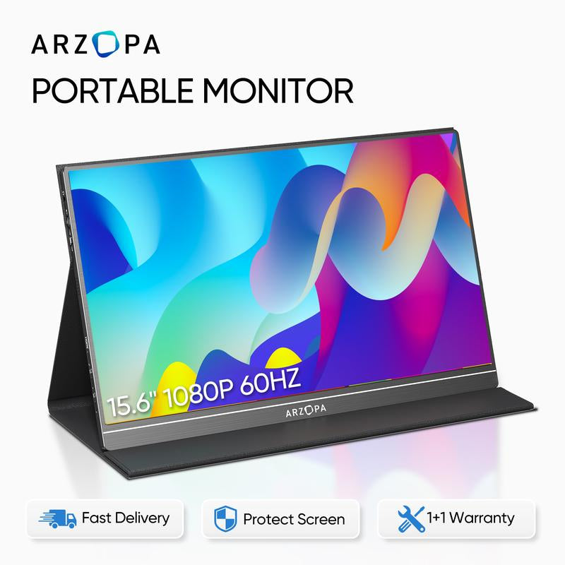 ARZOPA Portable Monitor 15.6'' FHD IPS Display Laptop Monitor 1080P USB C HDMI Computer Display HDR Eye Care External Screen for PC Mac Xbox Switch PS5 Iphone15 Suitable for Study, Work, Travel, Gaming