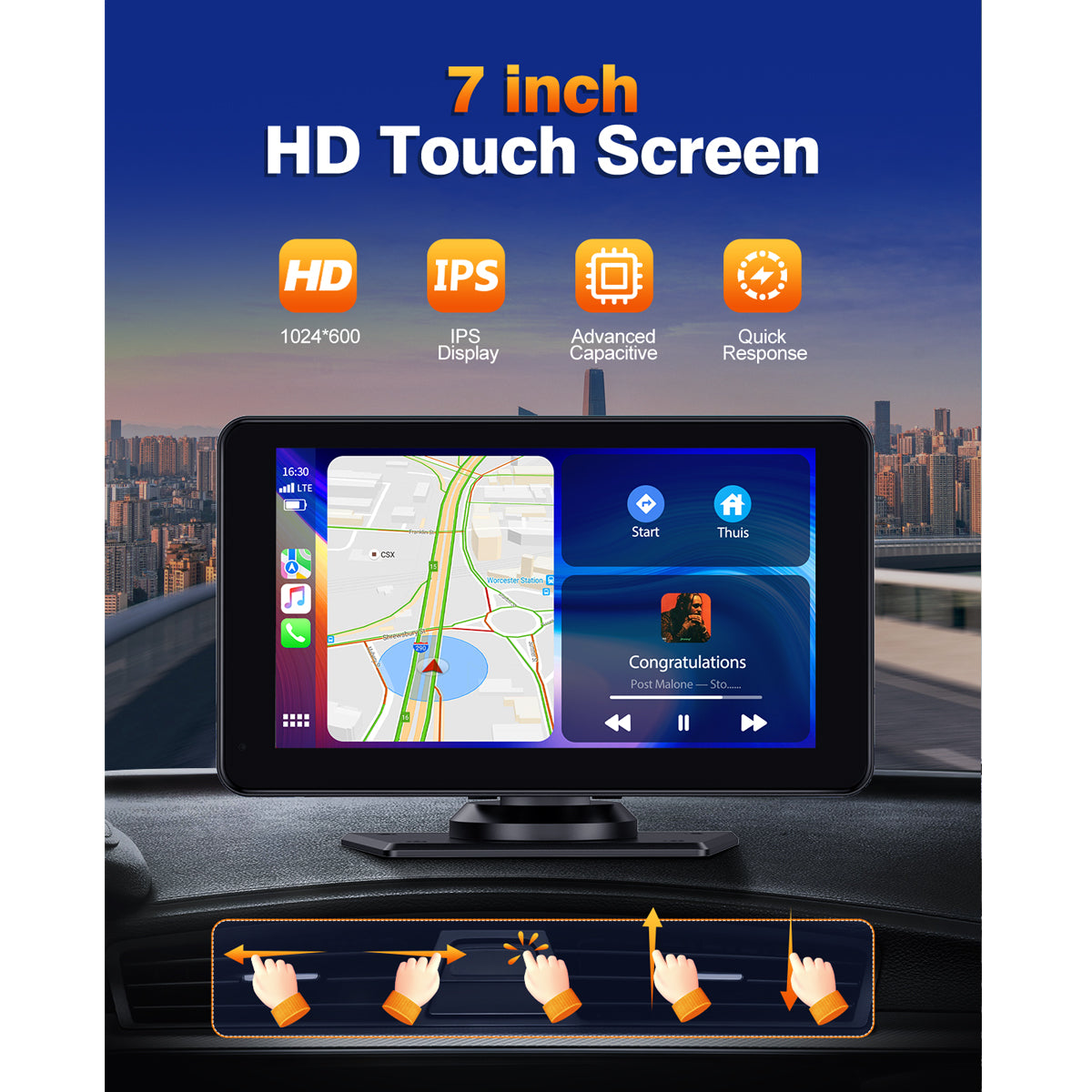 Carplay Screen for Car, 7" Wireless Portable Carplay Compatible Android Auoto, GPS Navigation, Mirror Link, Voice Control, AUX/FM