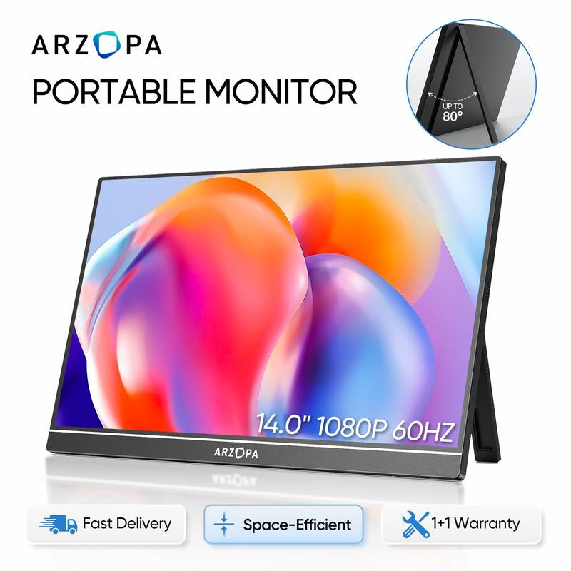 ARZOPA Portable Monitor 15.6'' FHD IPS Display Laptop Monitor 1080P USB C HDMI Computer Display HDR Eye Care External Screen for PC Mac Xbox Switch PS5 Iphone15 Suitable for Study, Work, Travel, Gaming