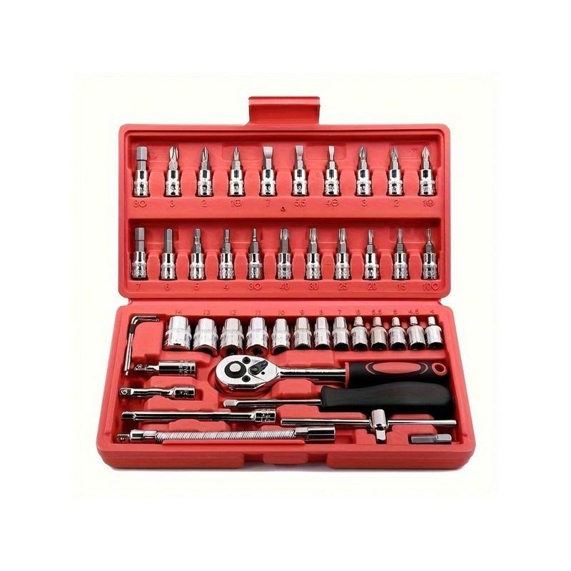 46Pcs Automotive Repair Tool Kit, 1/4" Drive Socket Ratchet Wrench Set, Combination Tools Set for Car & Bicycle Maintenance (Automobile Inspection Tools)