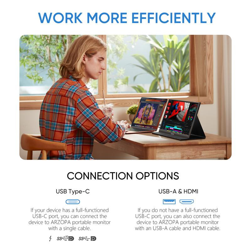 ARZOPA Portable Monitor 15.6'' FHD IPS Display Laptop Monitor 1080P USB C HDMI Computer Display HDR Eye Care External Screen for PC Mac Xbox Switch PS5 Iphone15 Suitable for Study, Work, Travel, Gaming