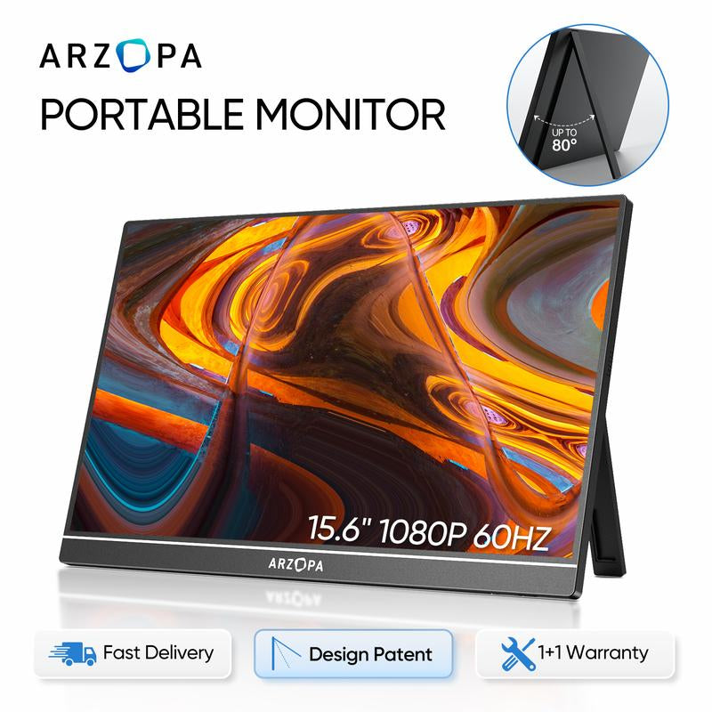 ARZOPA Portable Monitor 15.6'' FHD IPS Display Laptop Monitor 1080P USB C HDMI Computer Display HDR Eye Care External Screen for PC Mac Xbox Switch PS5 Iphone15 Suitable for Study, Work, Travel, Gaming