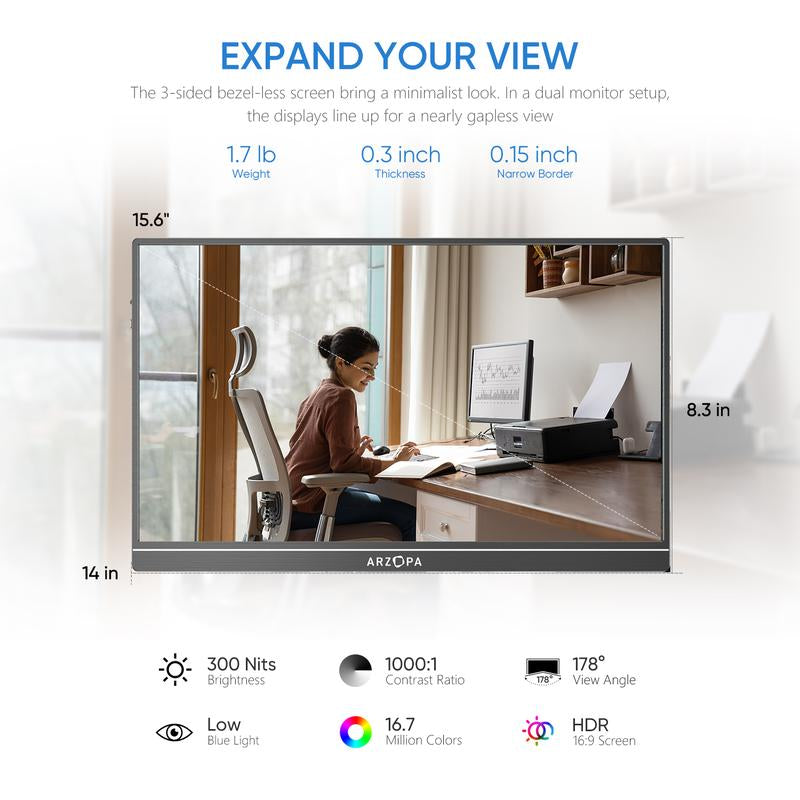 ARZOPA Portable Monitor 15.6'' FHD IPS Display Laptop Monitor 1080P USB C HDMI Computer Display HDR Eye Care External Screen for PC Mac Xbox Switch PS5 Iphone15 Suitable for Study, Work, Travel, Gaming